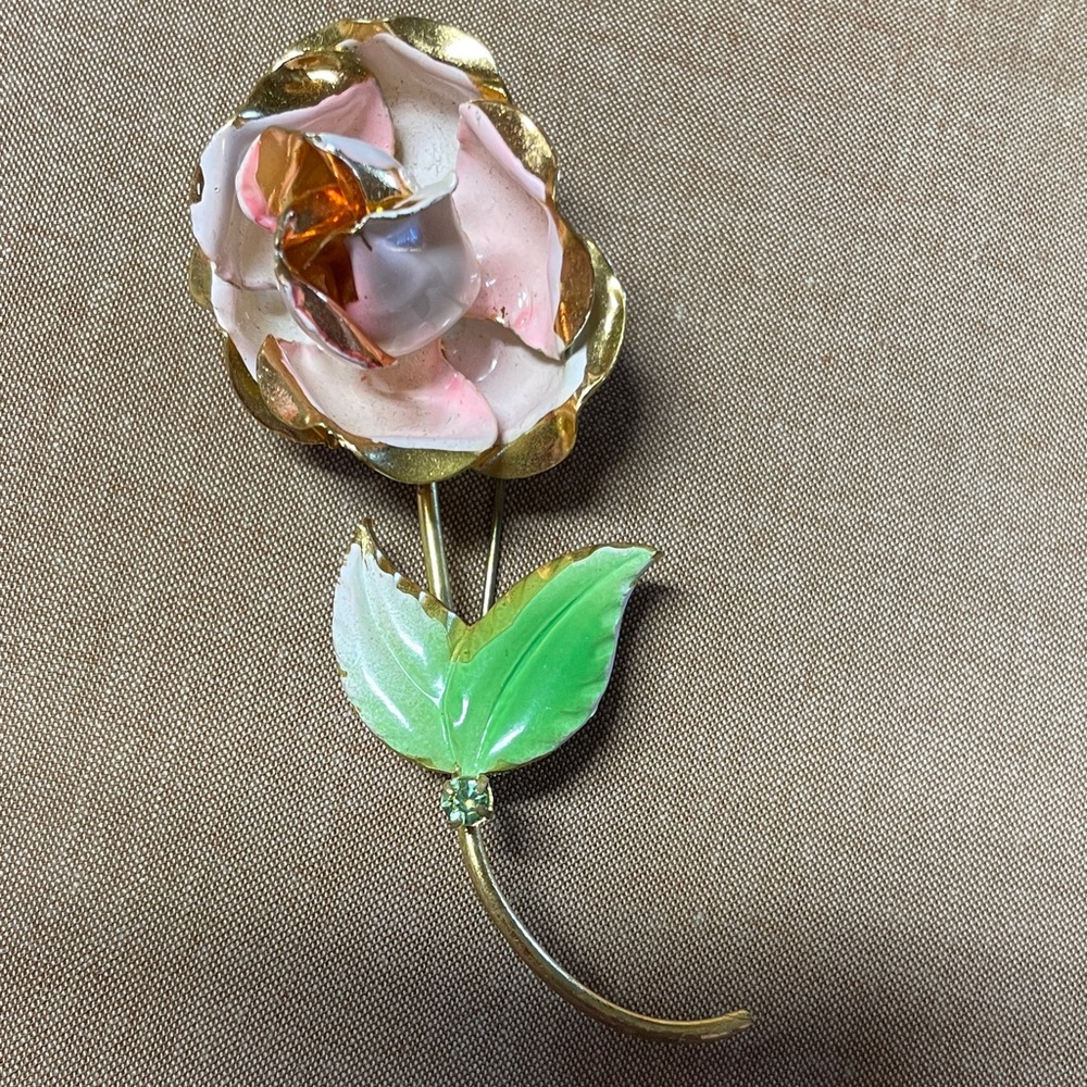 Vintage Pink Enamel Rose Brooch with gold edges